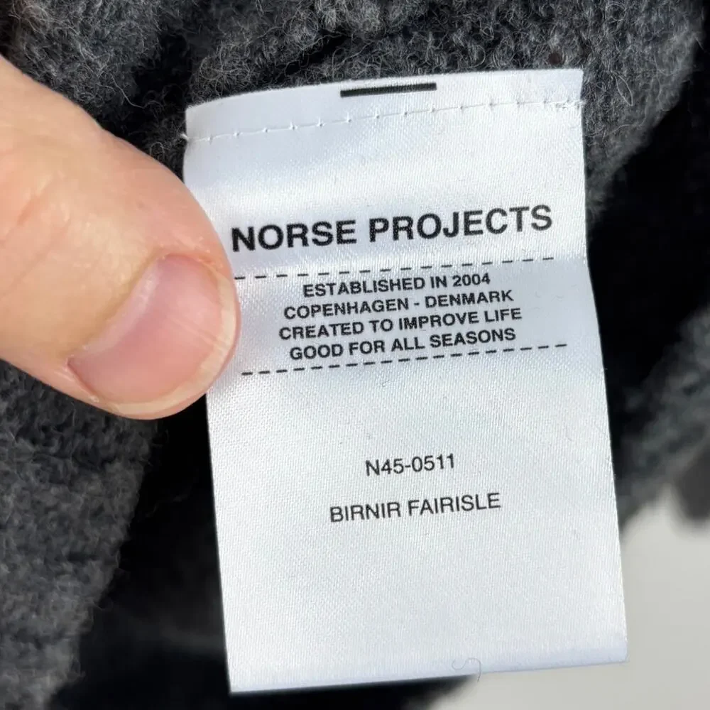 Norse Projects Birnir Fair Isle Gray Sweater Large 100% Pure New Wool *hole